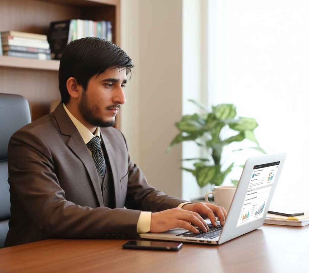 Tanveer Azhar working on SEO strategy and website optimization project on laptop
