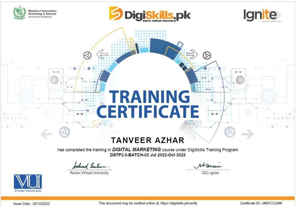 Digital Marketing Training Certificate awarded to Tanveer Azhar by DigiSkills.pk Pakistan