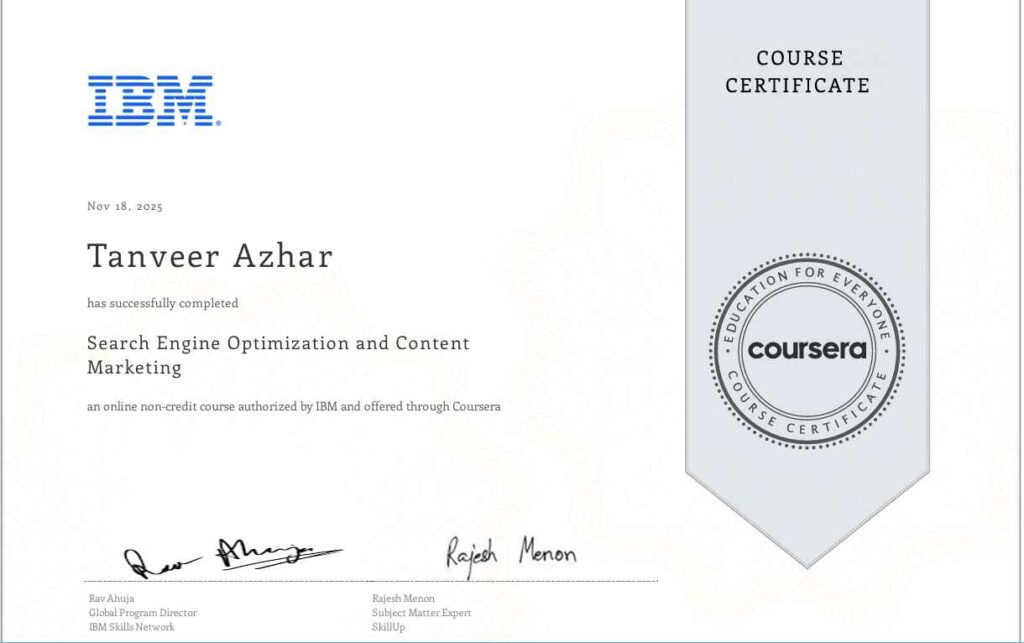 IBM SEO and Content Marketing Certificate -Tanveer Azhar